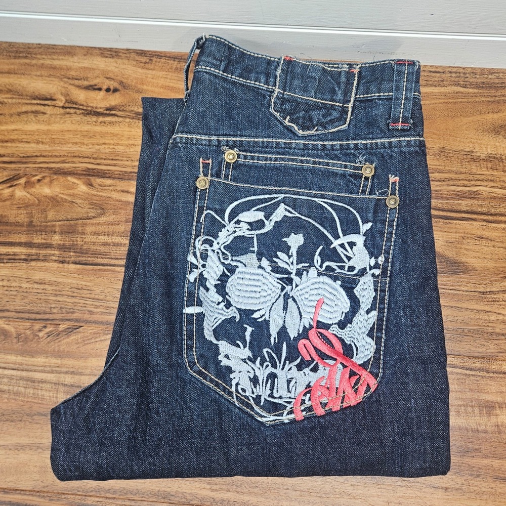 Brooklyn Xpress Mens 38x34 Embroidered Skull Jeans Dark Wash Y2K Streetwear